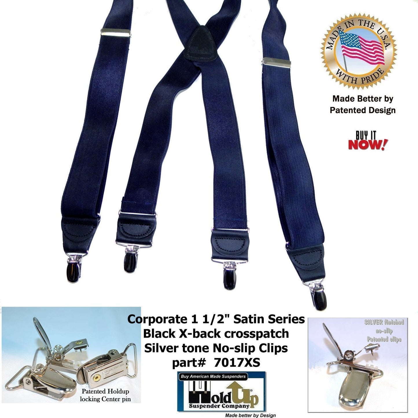 Holdup Suspender Company Steel Blue Satin Finish Corporate Series Suspenders X-back with Patented No-slip Silver Clips