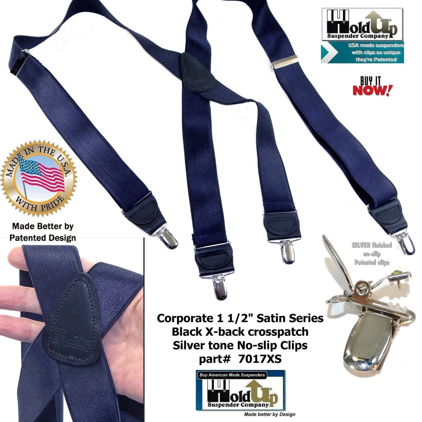 Holdup Suspender Company Steel Blue Satin Finish Corporate Series Suspenders X-back with Patented No-slip Silver Clips