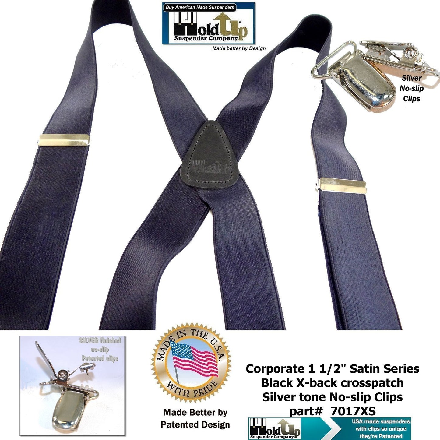 Holdup Suspender Company Steel Blue Satin Finish Corporate Series Suspenders X-back with Patented No-slip Silver Clips