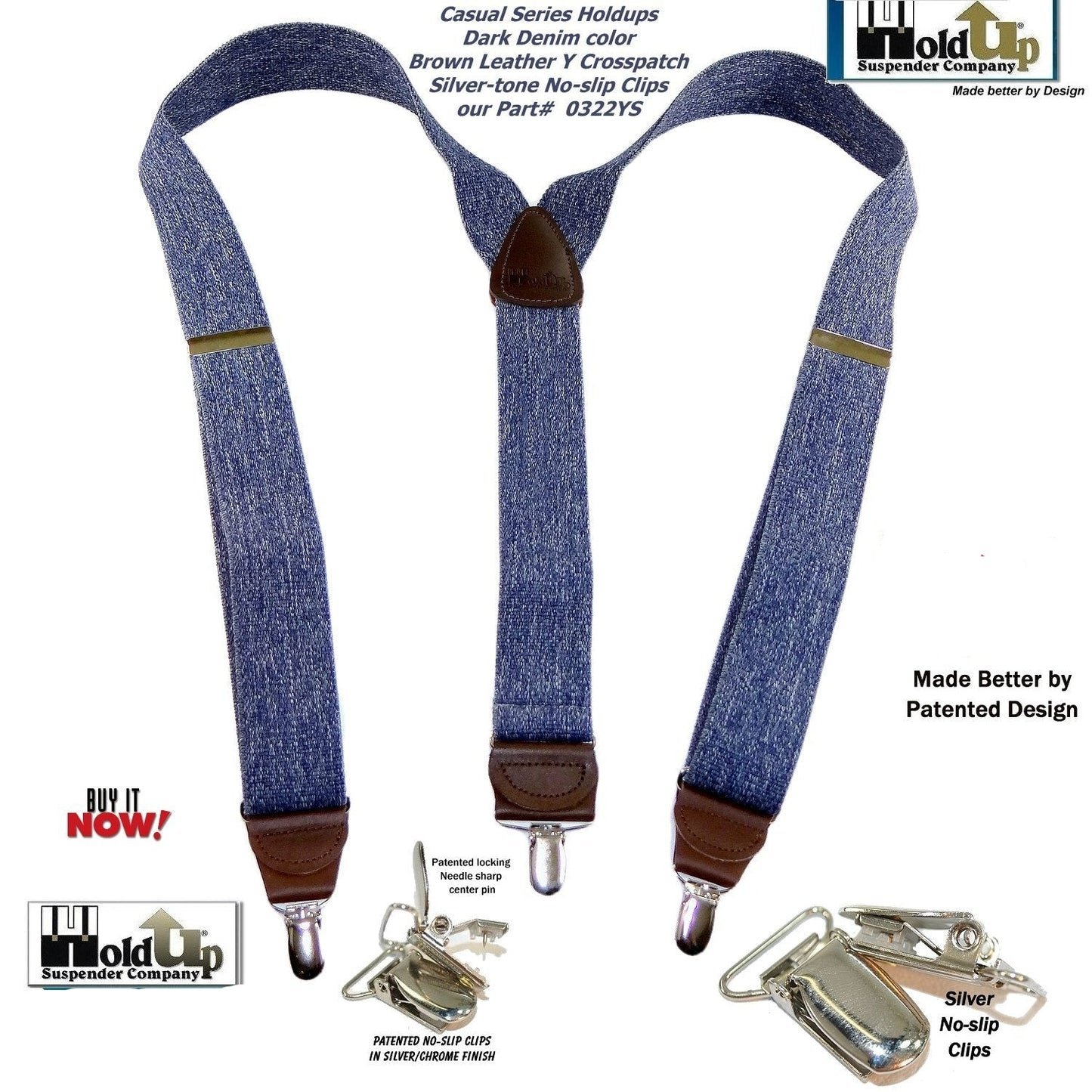 Holdup Brand Dark Denim Casual Series Suspenders are 1 1/2" wide with Y-back style and Patented No-slip Silver Clips