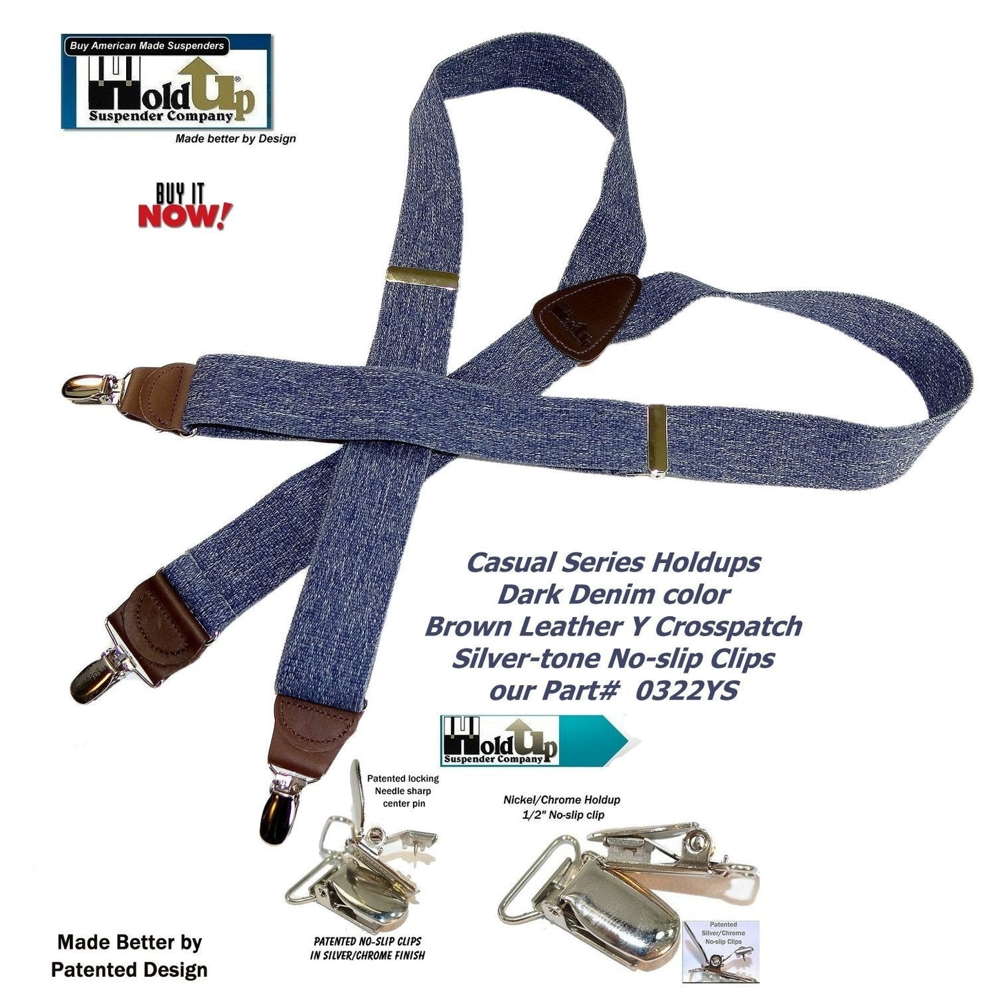 Holdup Brand Dark Denim Casual Series Suspenders are 1 1/2" wide with Y-back style and Patented No-slip Silver Clips