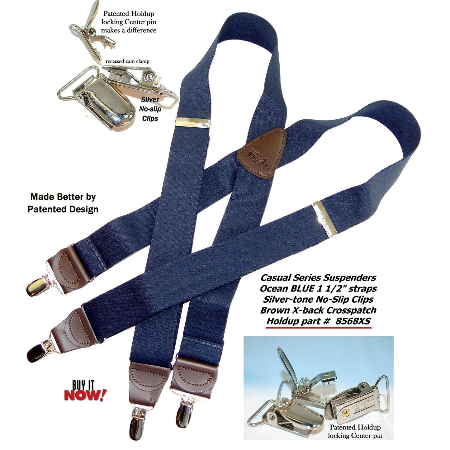 Holdup Brand Ocean Blue Casual Series Men's Suspenders in X-back Style and USA Patented No-slip Silver-tone Clips