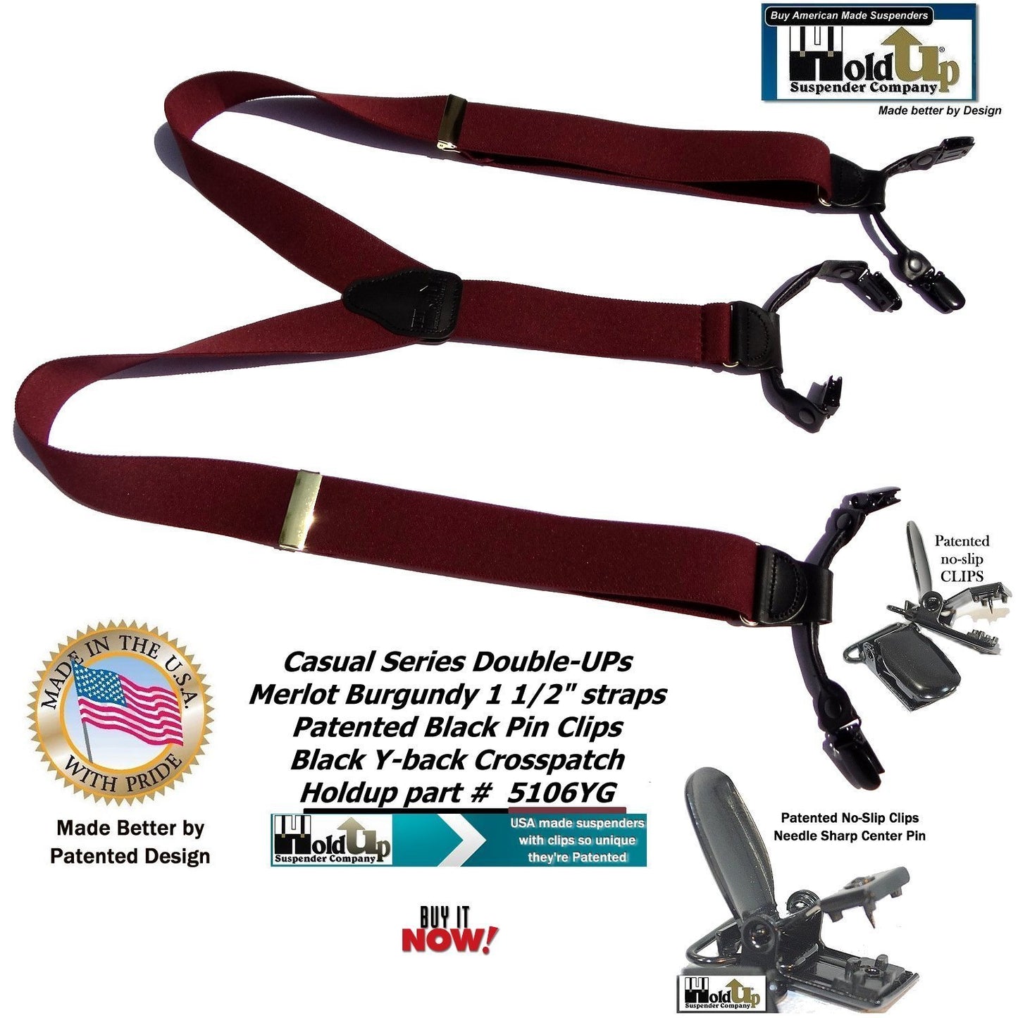 Holdup Suspender Company's Merlot Burgundy Double-Up style Suspenders with black Patented No-slip Clips.