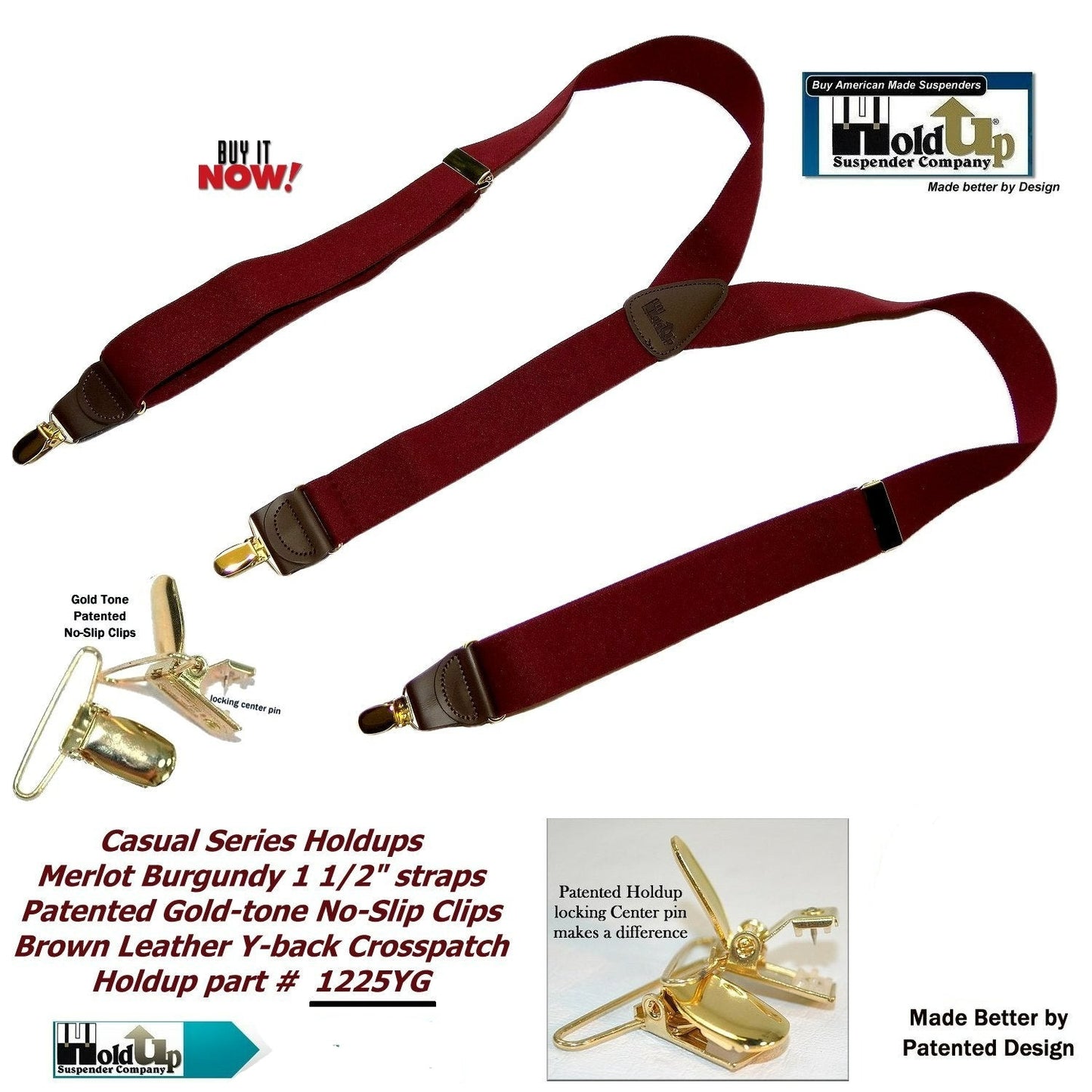 Holdup Y-back Casual Series Suspenders in deep Merlot Burgundy color with USA Patented No-slip Gold-tone  clips