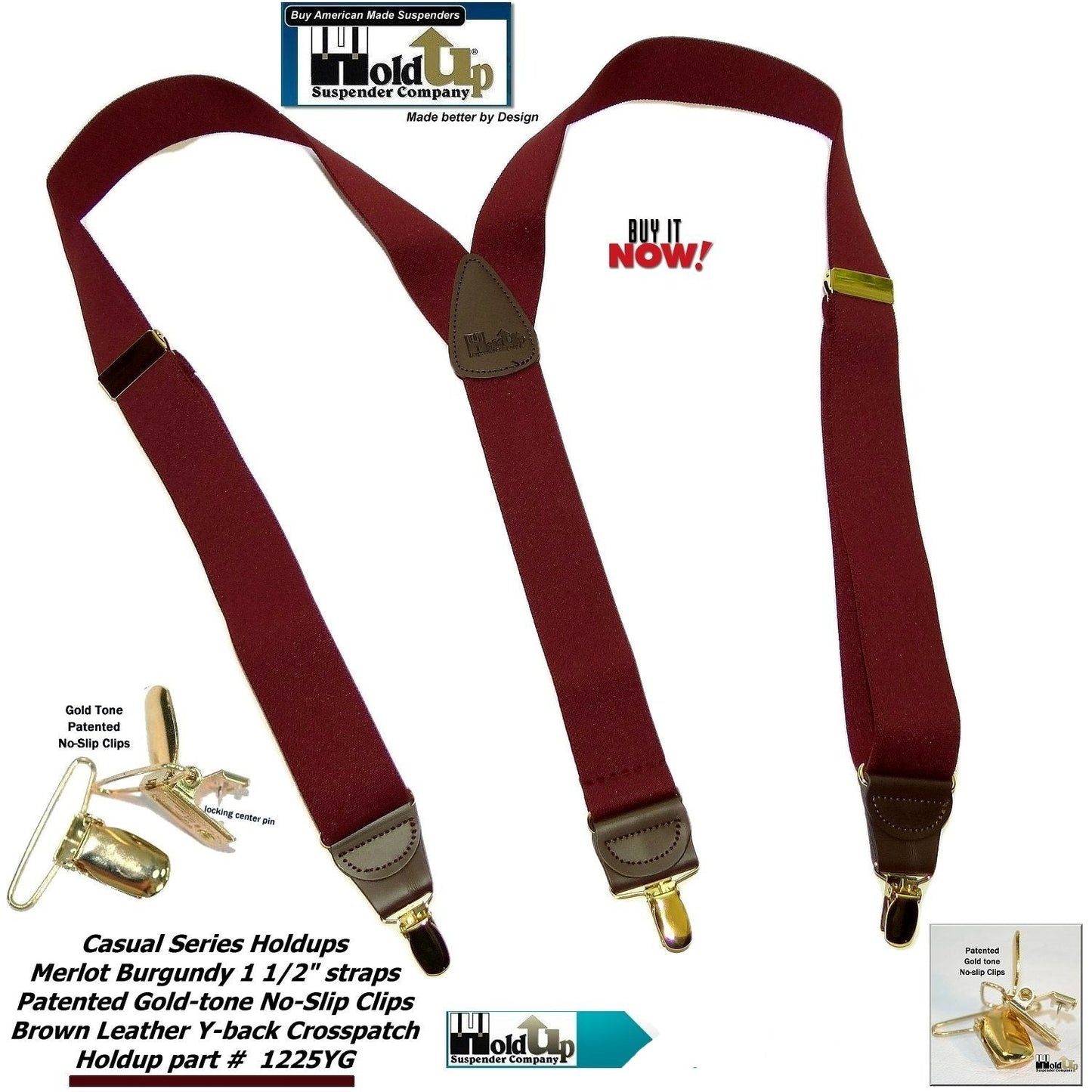 Holdup Y-back Casual Series Suspenders in deep Merlot Burgundy color with USA Patented No-slip Gold-tone  clips