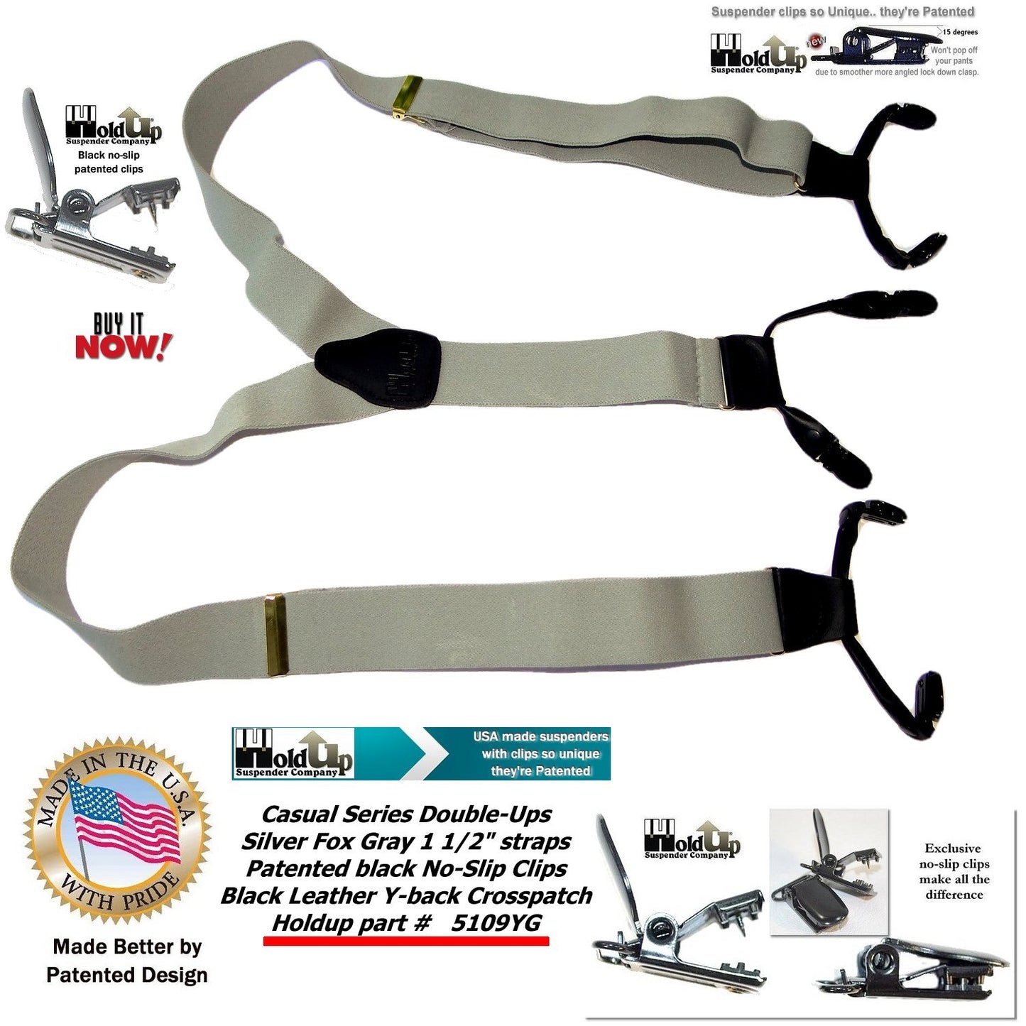 Holdup Brand Silver Fox Grey Dual-clip Double-ups Style Suspenders 1 1/2" wide with Patented No-slip Clips