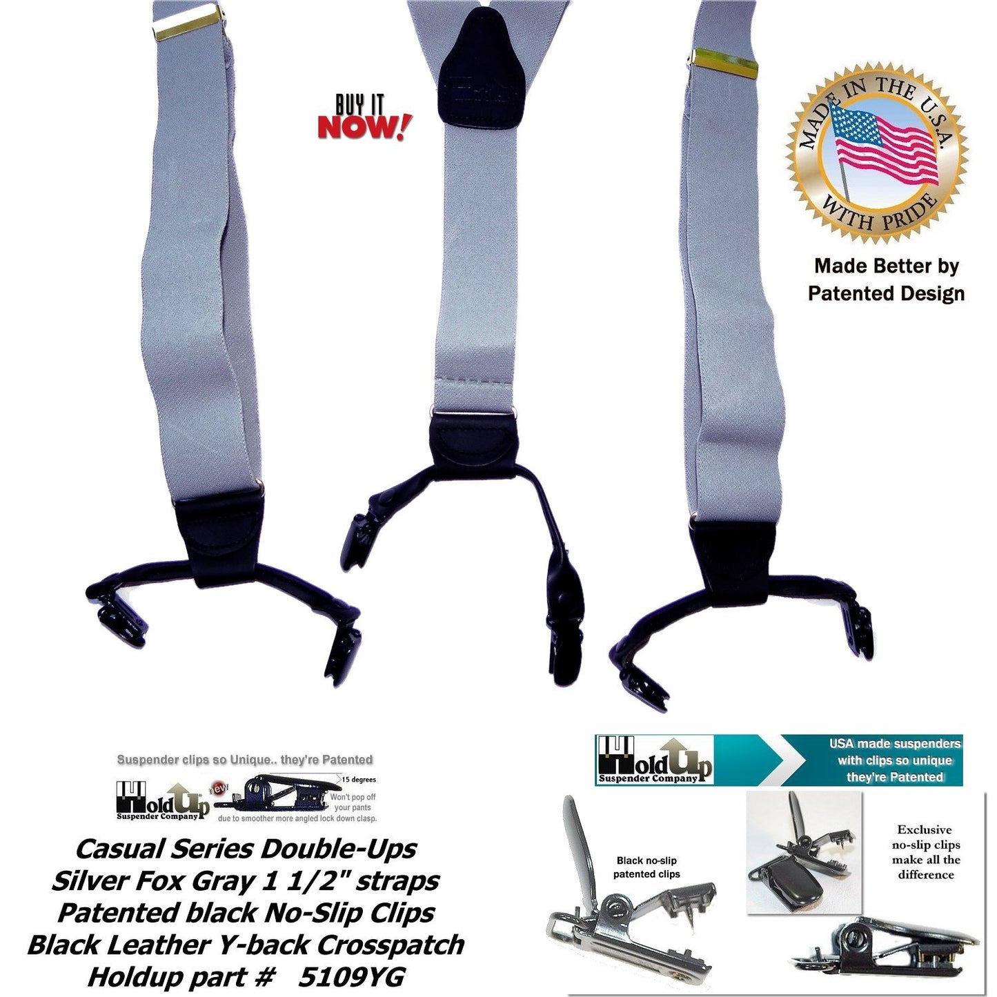 Holdup Brand Silver Fox Grey Dual-clip Double-ups Style Suspenders 1 1/2" wide with Patented No-slip Clips