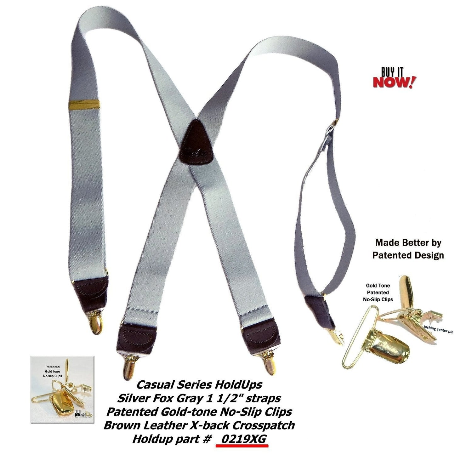 Holdup Brand Silver Fox Light Gray X-back Suspenders with USA Patented Gold-tone no-slip Clips