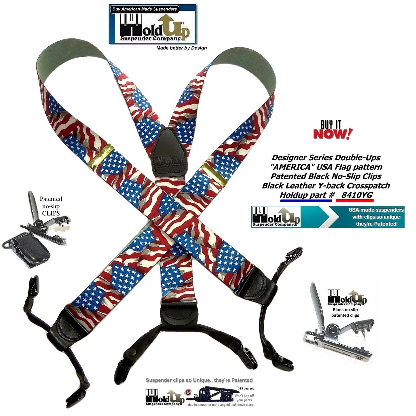 Holdup Brand Double-Ups Style Designer Series American Flag Pattern clip-on Suspenders