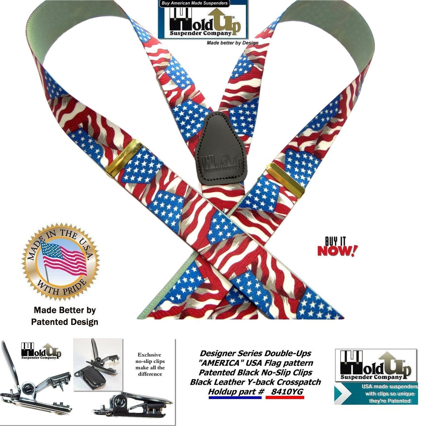 Holdup Brand Double-Ups Style Designer Series American Flag Pattern clip-on Suspenders