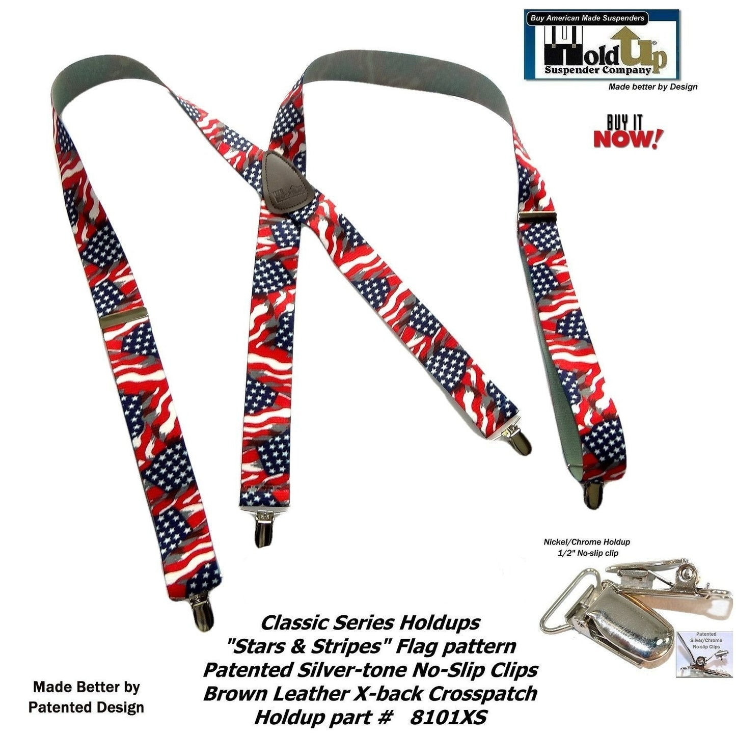 HoldUp Brand Classic Series USA Flag Pattern X-back Suspenders with Silver No-slip Clips