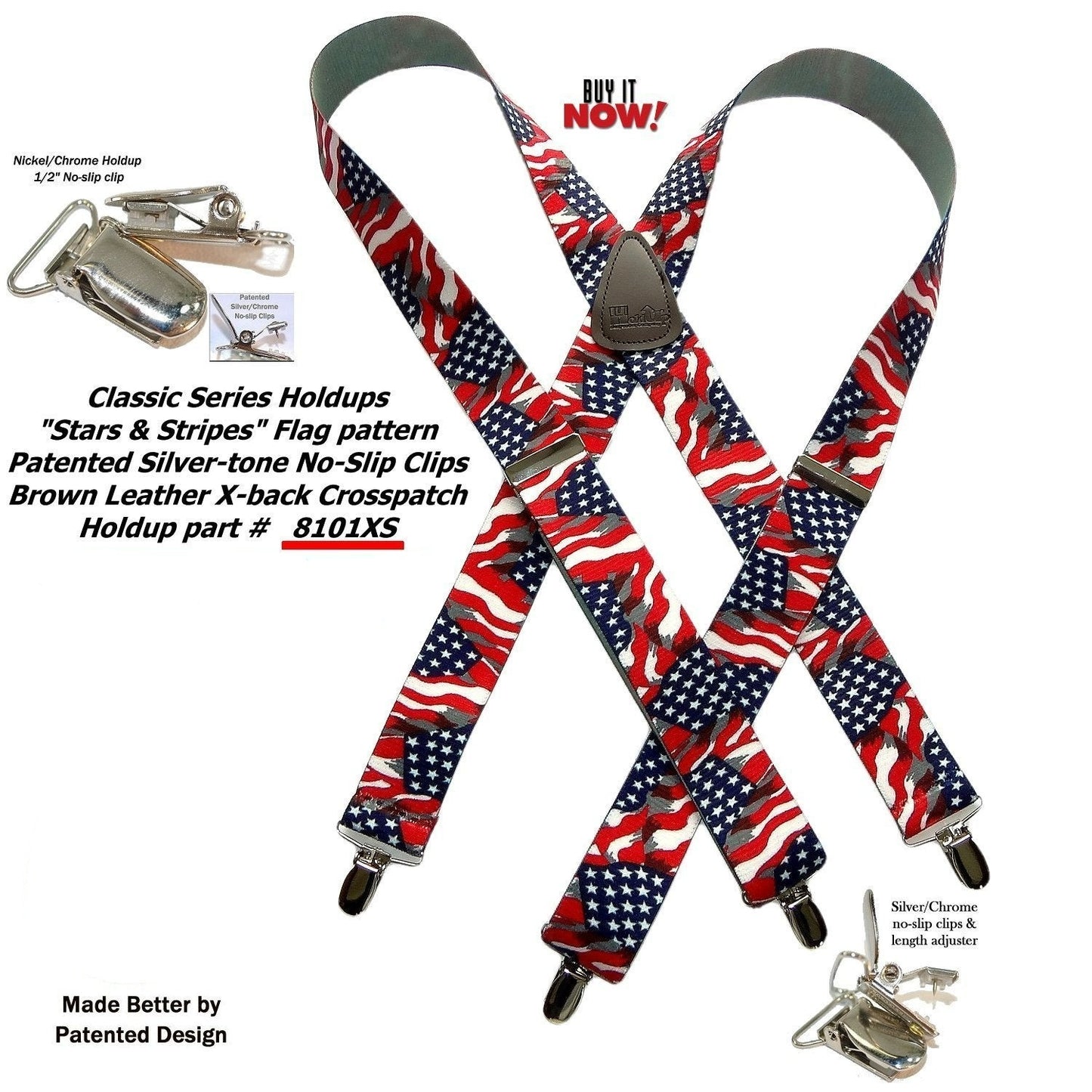 HoldUp Brand Classic Series USA Flag Pattern X-back Suspenders with Silver No-slip Clips