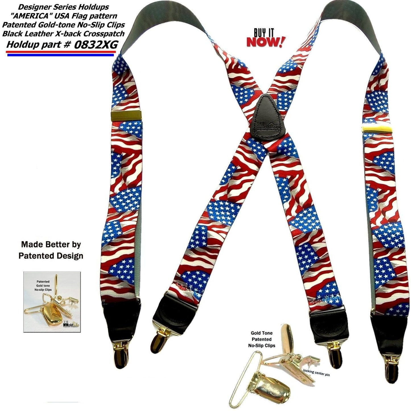 HoldUp Brand X-back Suspenders in American Flag Pattern with patented Gold-tone no-slip clips