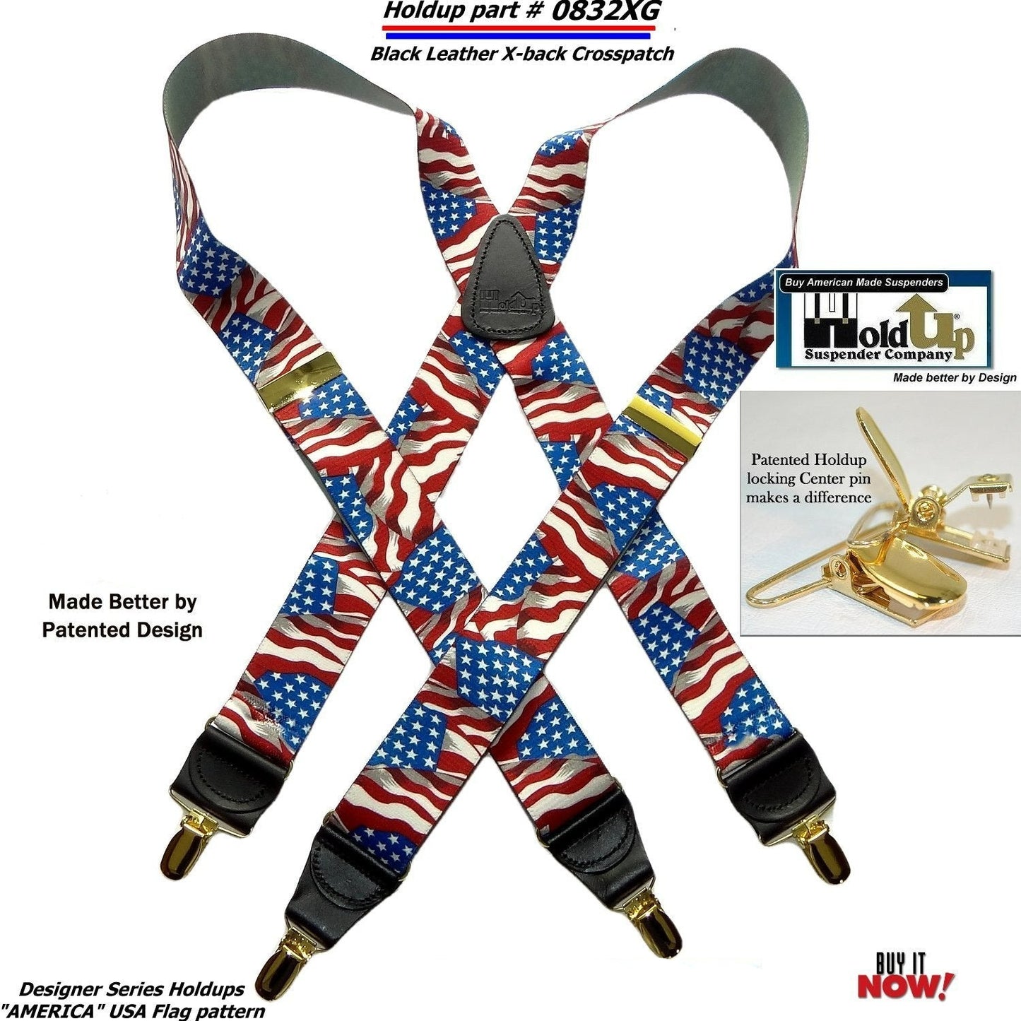 HoldUp Brand X-back Suspenders in American Flag Pattern with patented Gold-tone no-slip clips