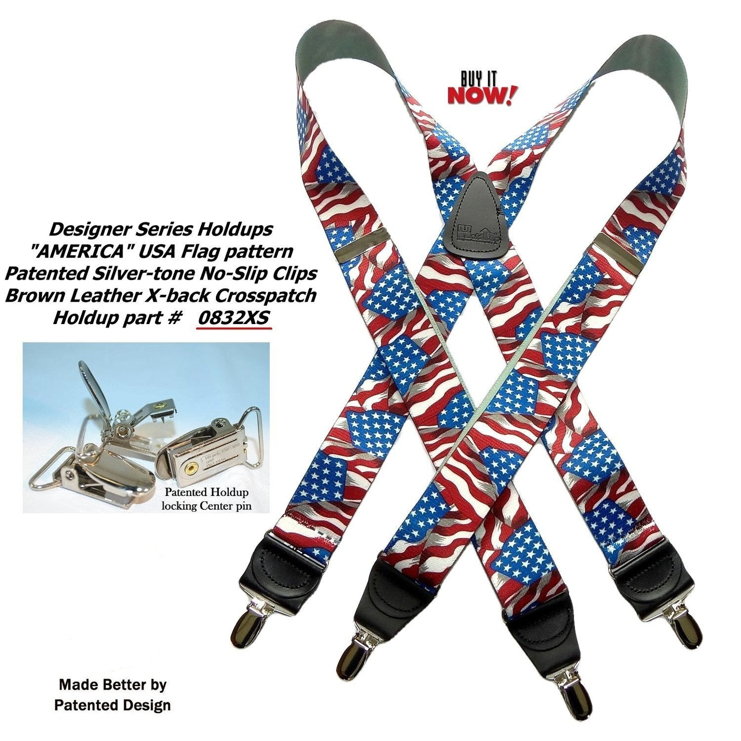 HoldUp Brand X-back Suspenders in American Flag Pattern with patented Gold-tone no-slip clips