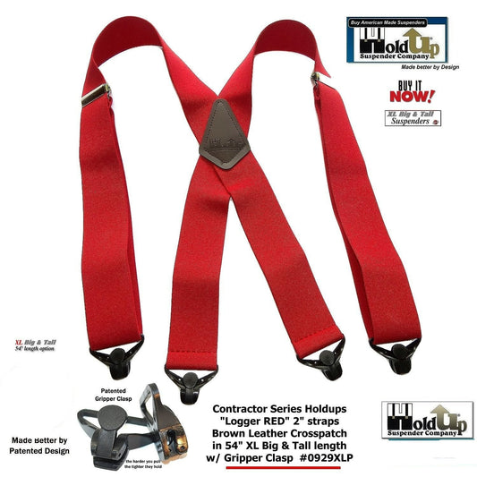 Extra Long XL Logger RED Holdup work Suspenders With USA Patented Gripper Clasps