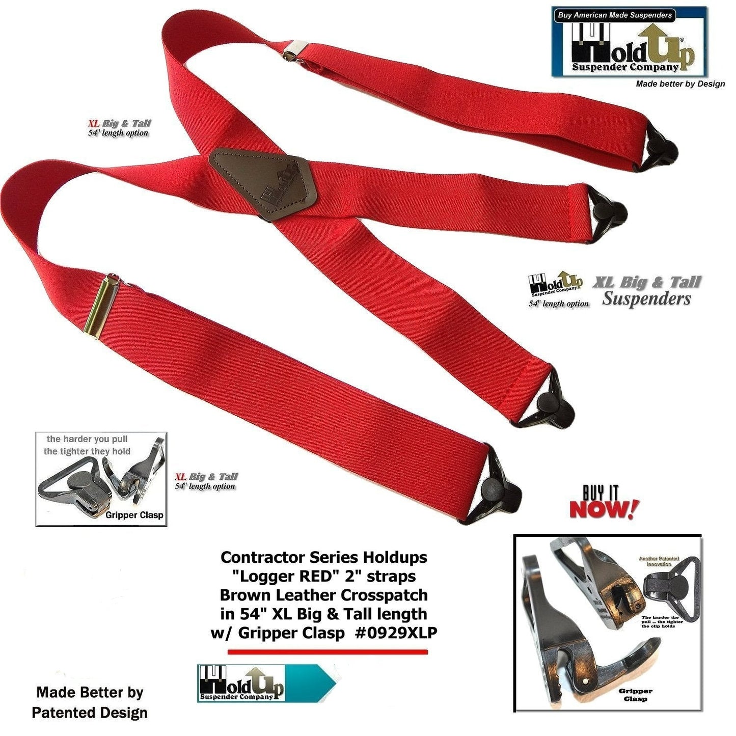 Extra Long XL Logger RED Holdup work Suspenders With USA Patented Gripper Clasps