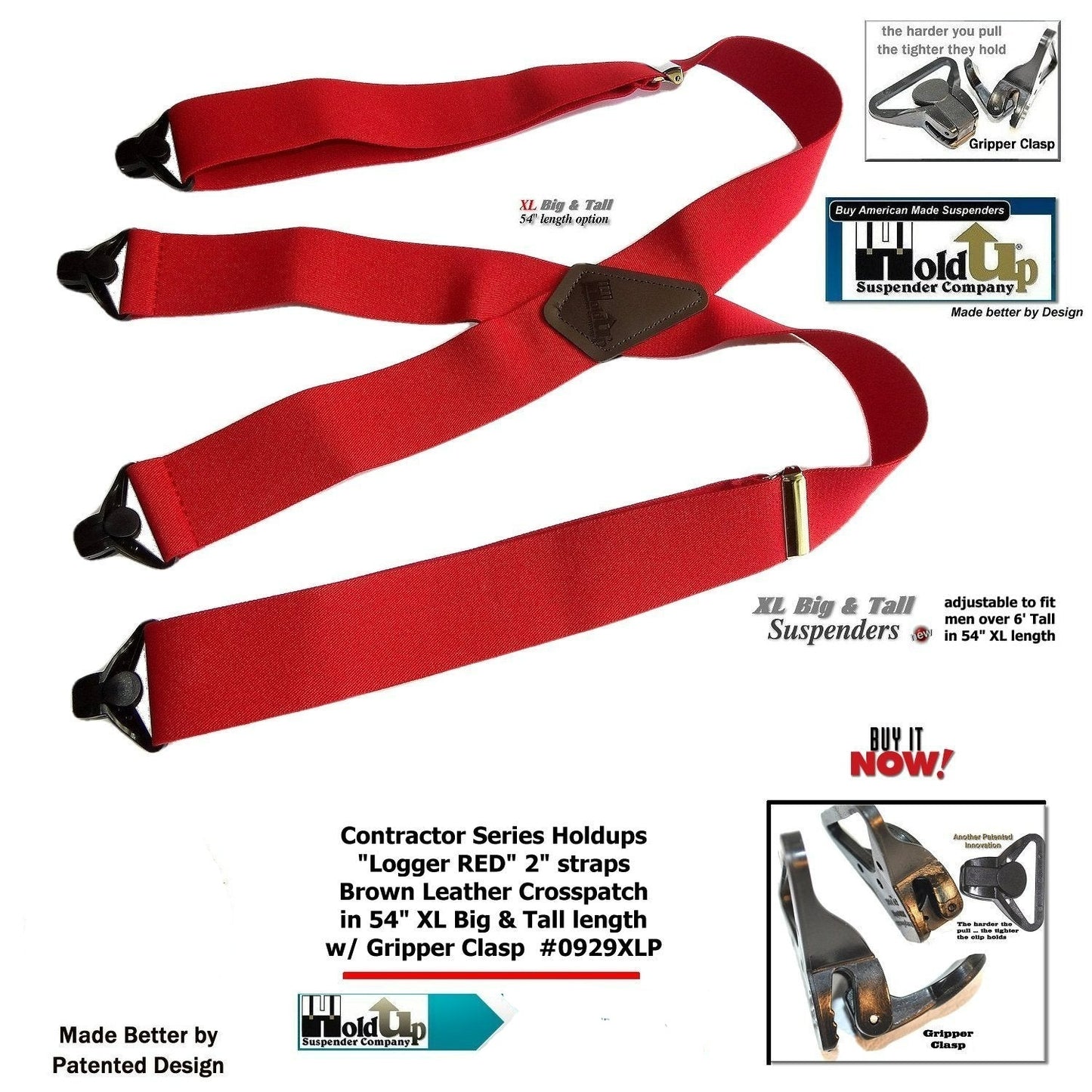 Extra Long XL Logger RED Holdup work Suspenders With USA Patented Gripper Clasps