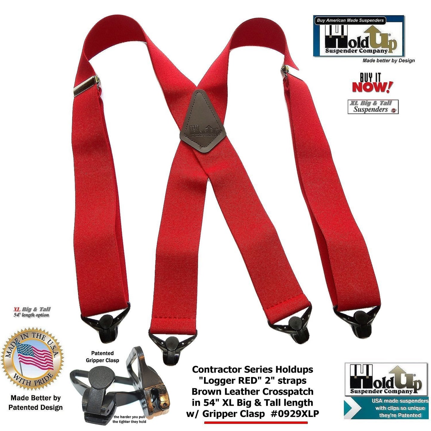 Extra Long XL Logger RED Holdup work Suspenders With USA Patented Gripper Clasps