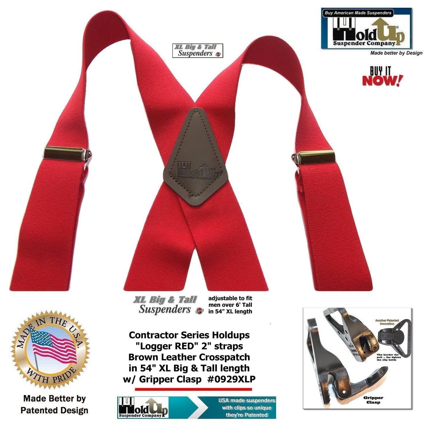 Extra Long XL Logger RED Holdup work Suspenders With USA Patented Gripper Clasps