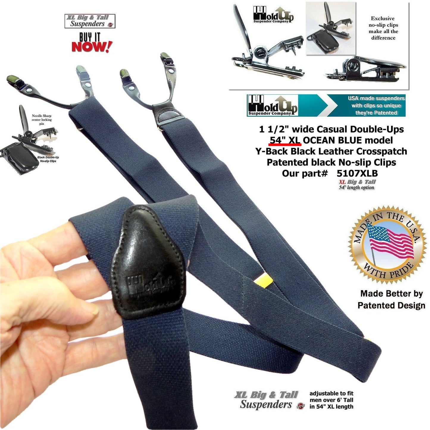 Holdup Brand Dark Ocean Blue Dual Clip XL Double-Ups style with patented black No-slip Clips