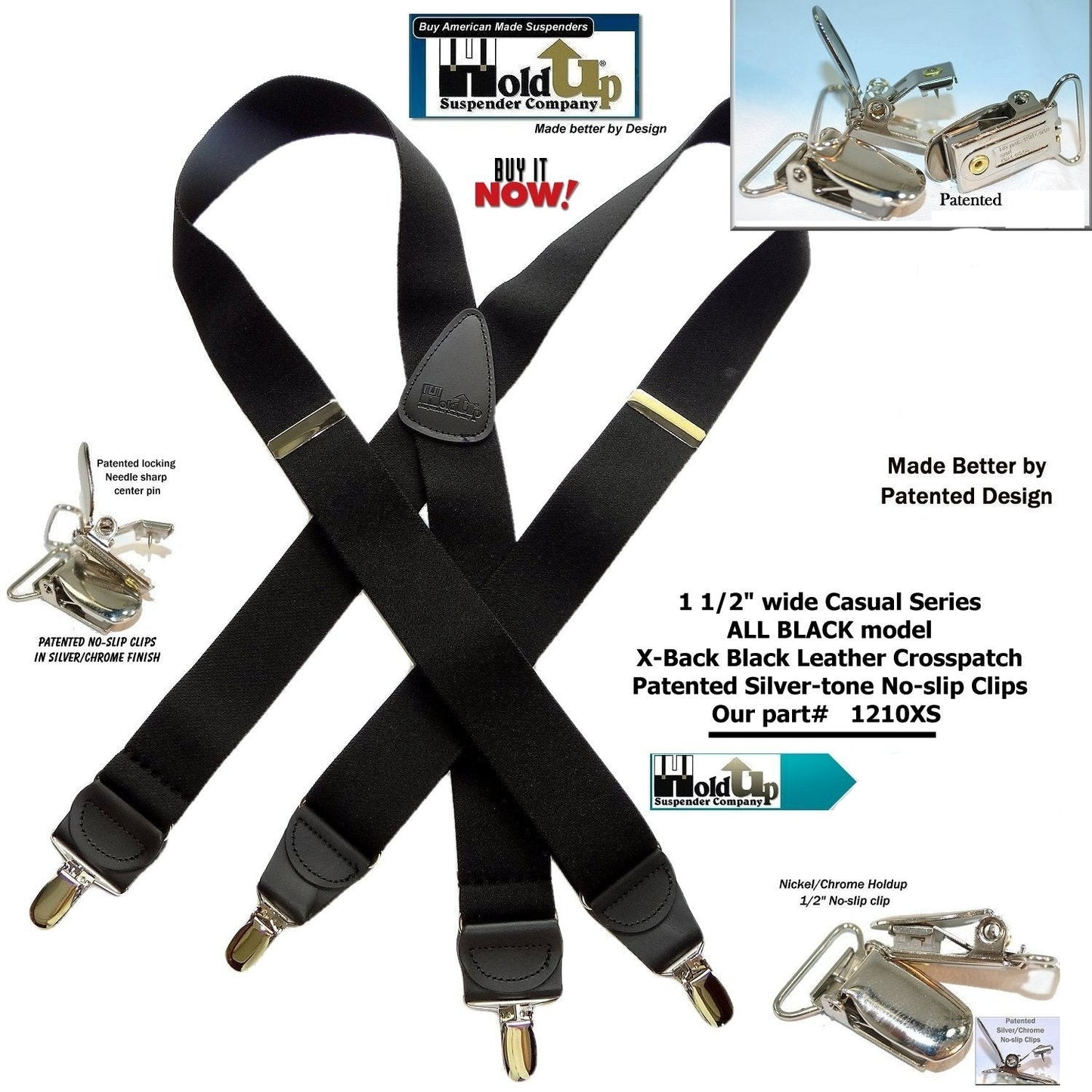 Holdup Brand All Black 1 1/2" wide X-back Suspenders with Patented No-slip Silver tone Clips