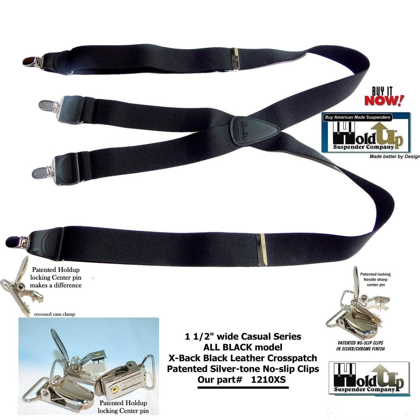 Holdup Brand All Black 1 1/2" wide X-back Suspenders with Patented No-slip Silver tone Clips