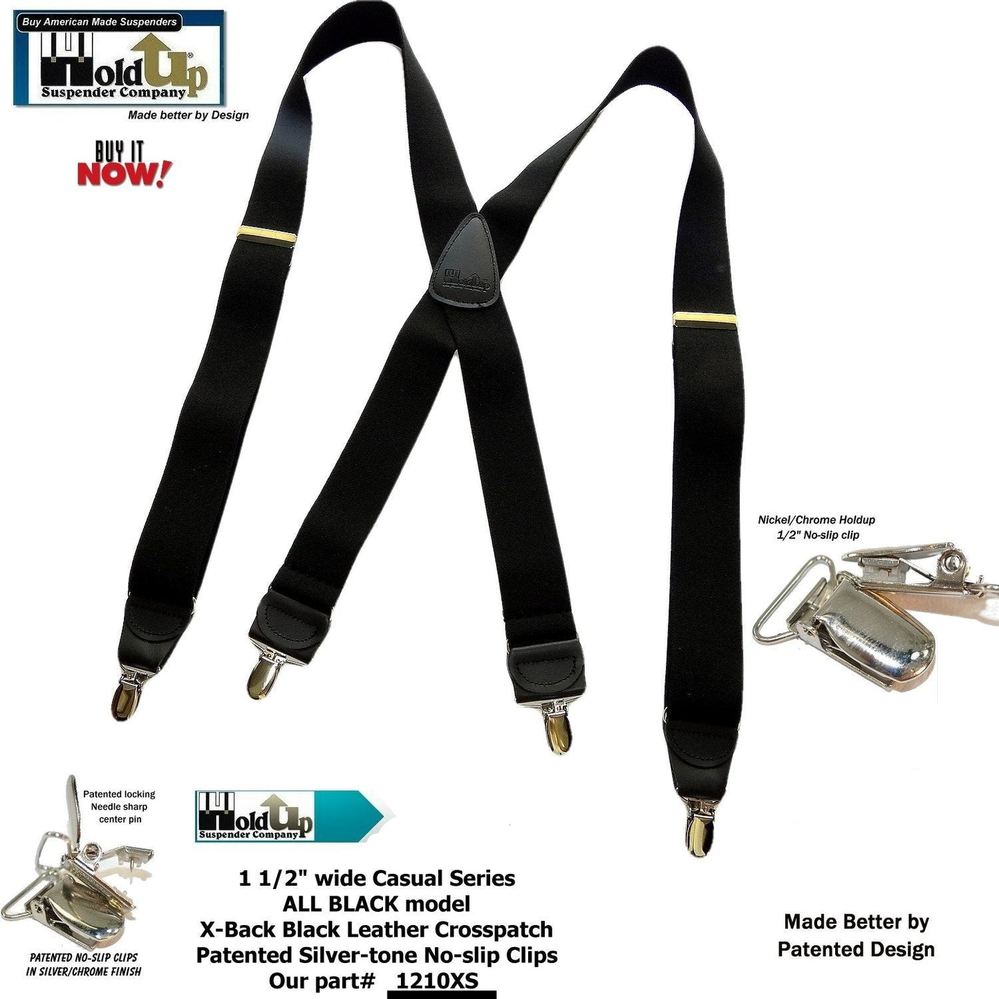 Holdup Brand All Black 1 1/2" wide X-back Suspenders with Patented No-slip Silver tone Clips