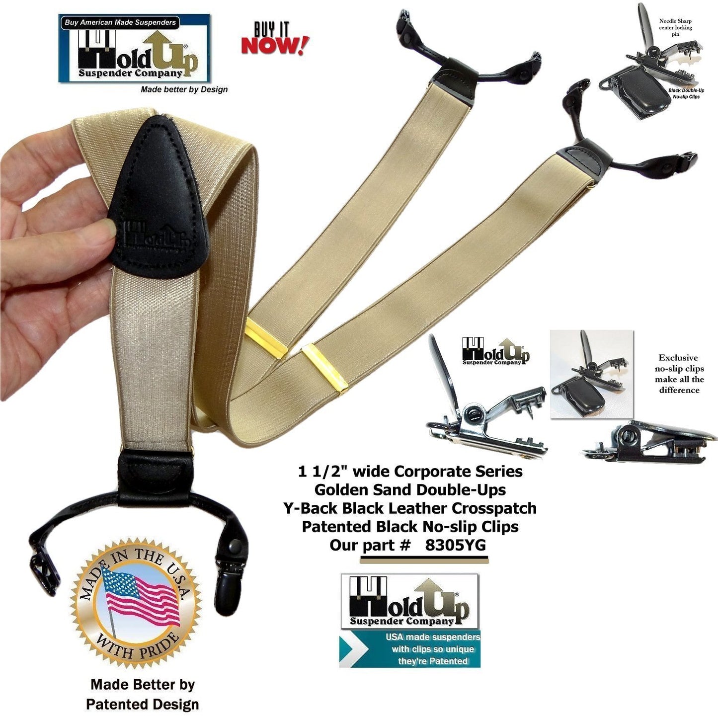 HoldUp Suspender Brand Double-up style Y-back Suspenders in Satin Finish Golden Sand Color