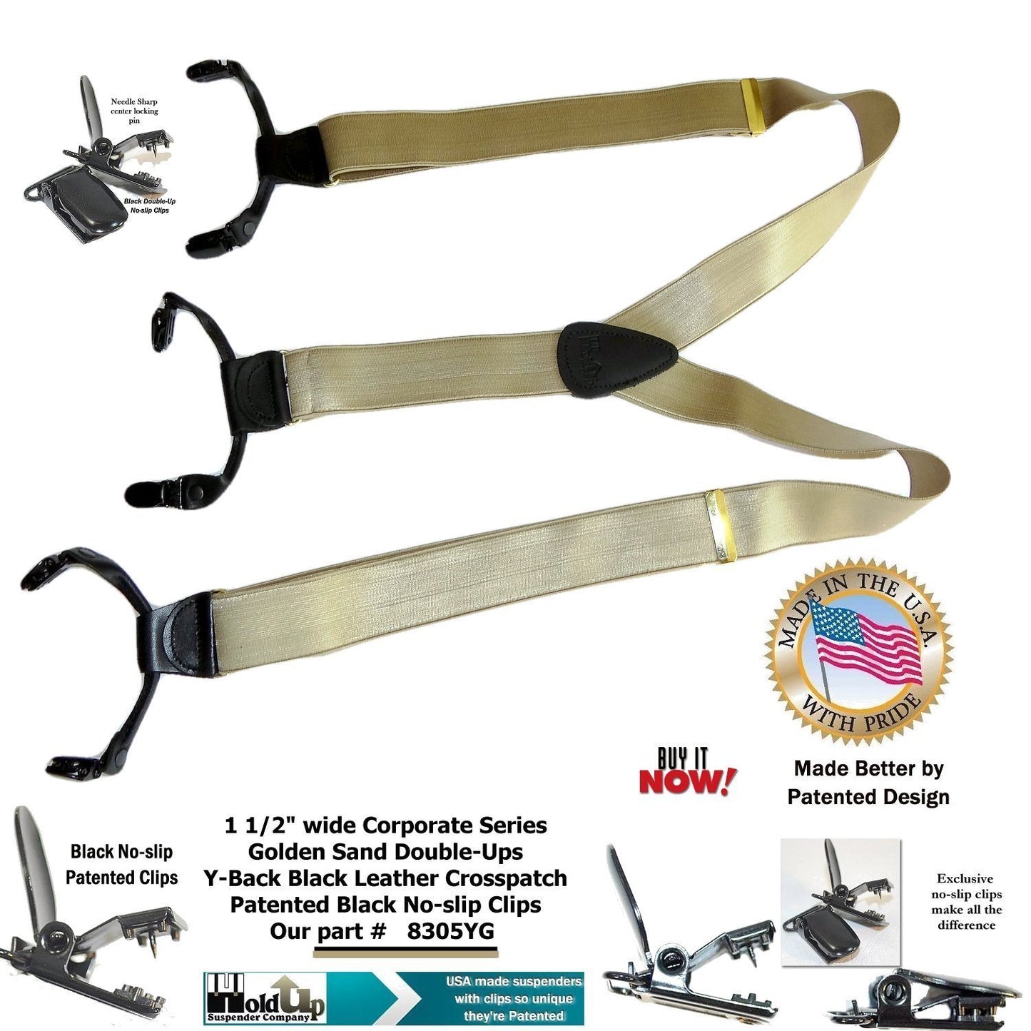 HoldUp Suspender Brand Double-up style Y-back Suspenders in Satin Finish Golden Sand Color