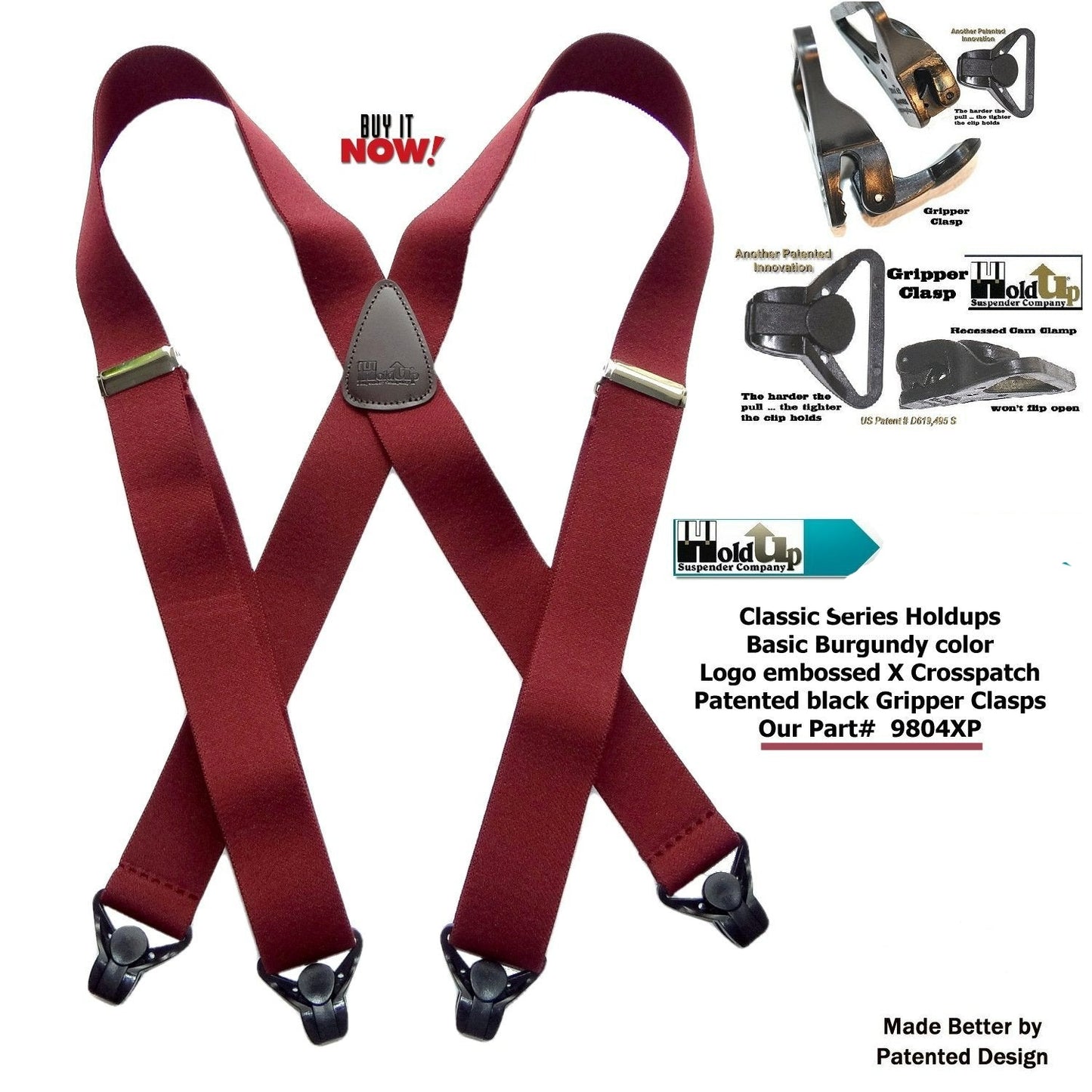 Holdup Classic Dark Burgundy Suspenders With Black Gripper Clasps in X-back Style