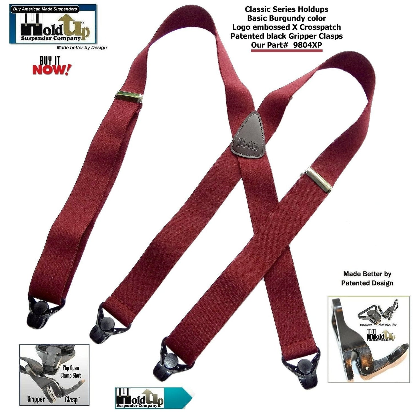 Holdup Classic Dark Burgundy Suspenders With Black Gripper Clasps in X-back Style