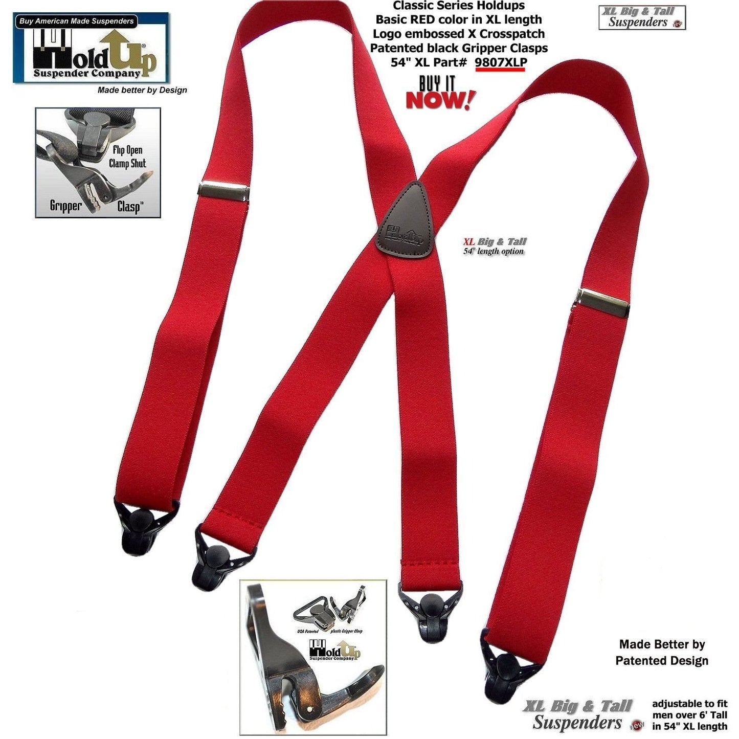 Holdup Brand XL Big And Tall Size Classic Bright Red X-back Suspenders With Patented Black Gripper ClaspB