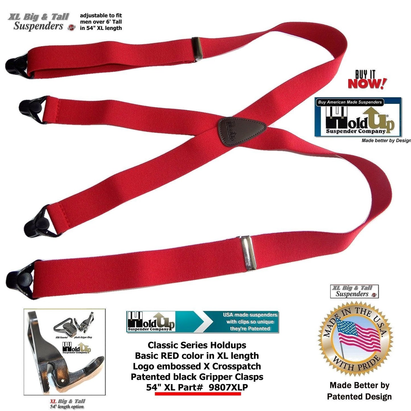 Holdup Brand XL Big And Tall Size Classic Bright Red X-back Suspenders With Patented Black Gripper ClaspB