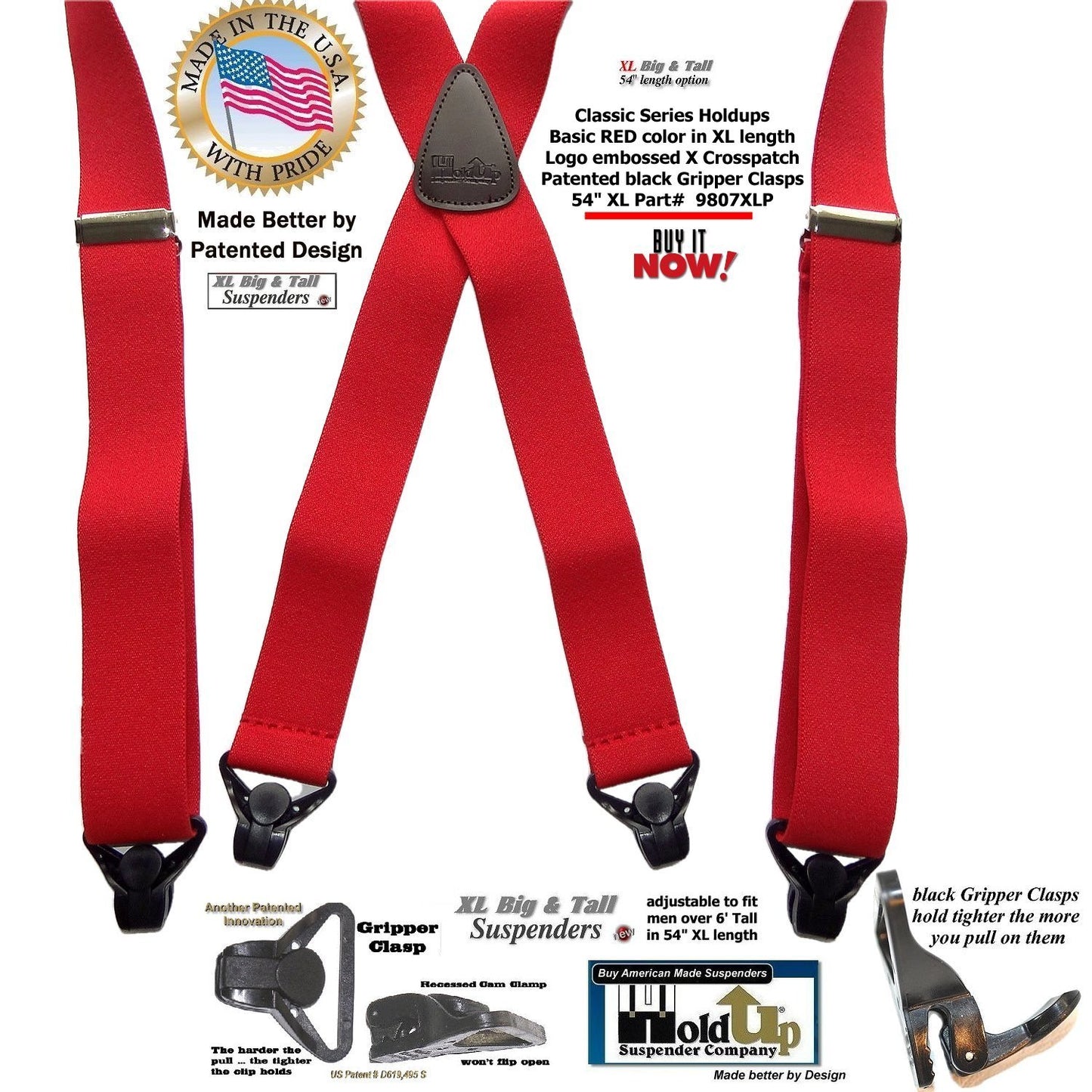 Holdup Brand XL Big And Tall Size Classic Bright Red X-back Suspenders With Patented Black Gripper ClaspB