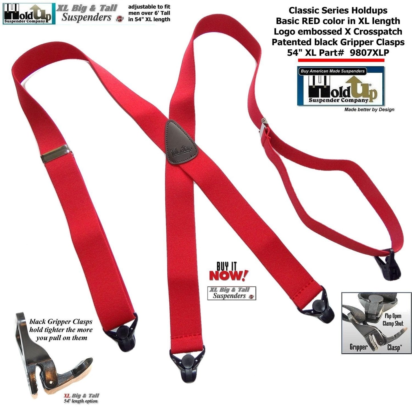 Holdup Brand XL Big And Tall Size Classic Bright Red X-back Suspenders With Patented Black Gripper ClaspB