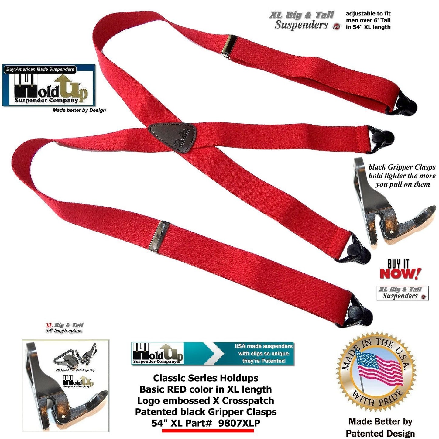 Holdup Brand XL Big And Tall Size Classic Bright Red X-back Suspenders With Patented Black Gripper ClaspB