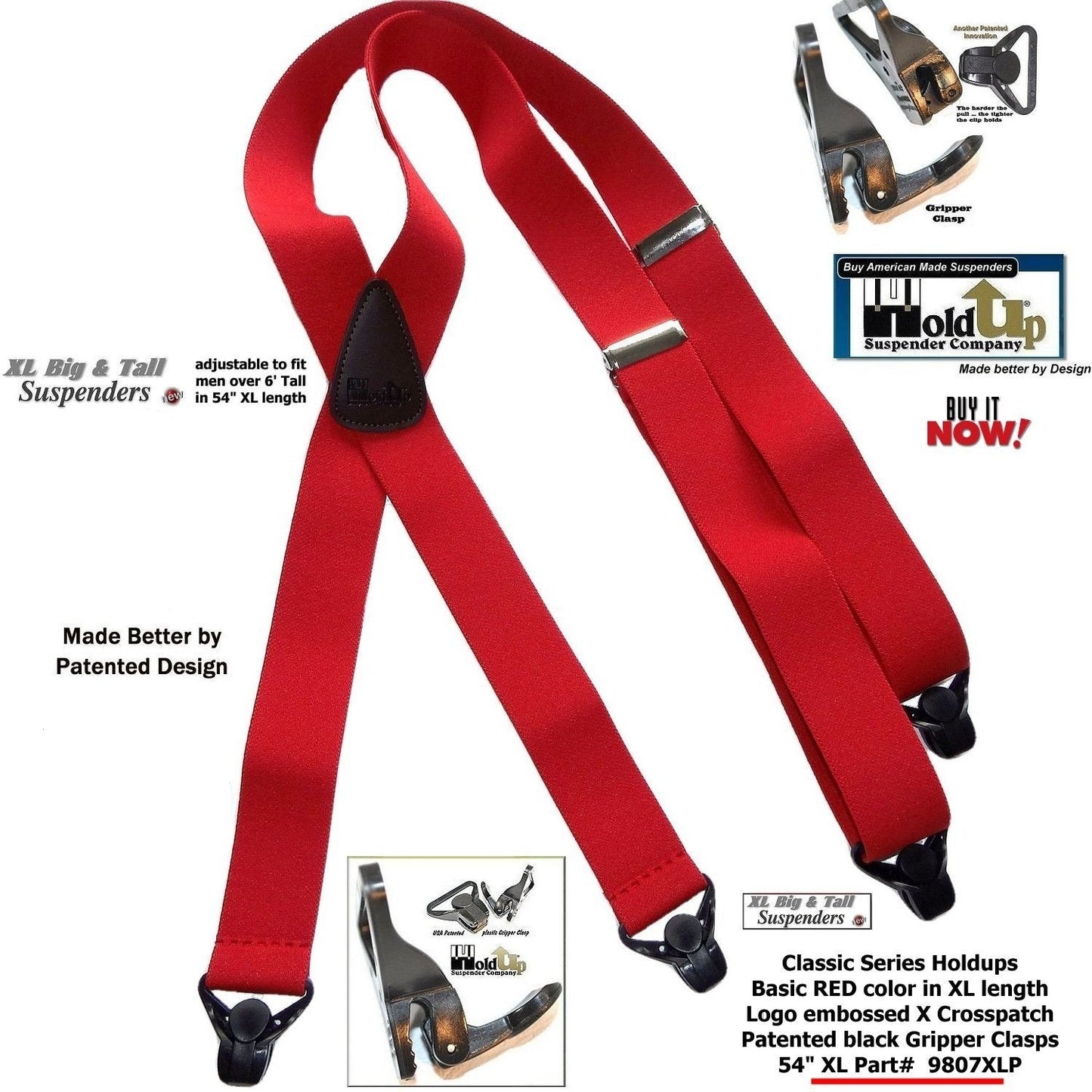 Holdup Brand XL Big And Tall Size Classic Bright Red X-back Suspenders With Patented Black Gripper ClaspB