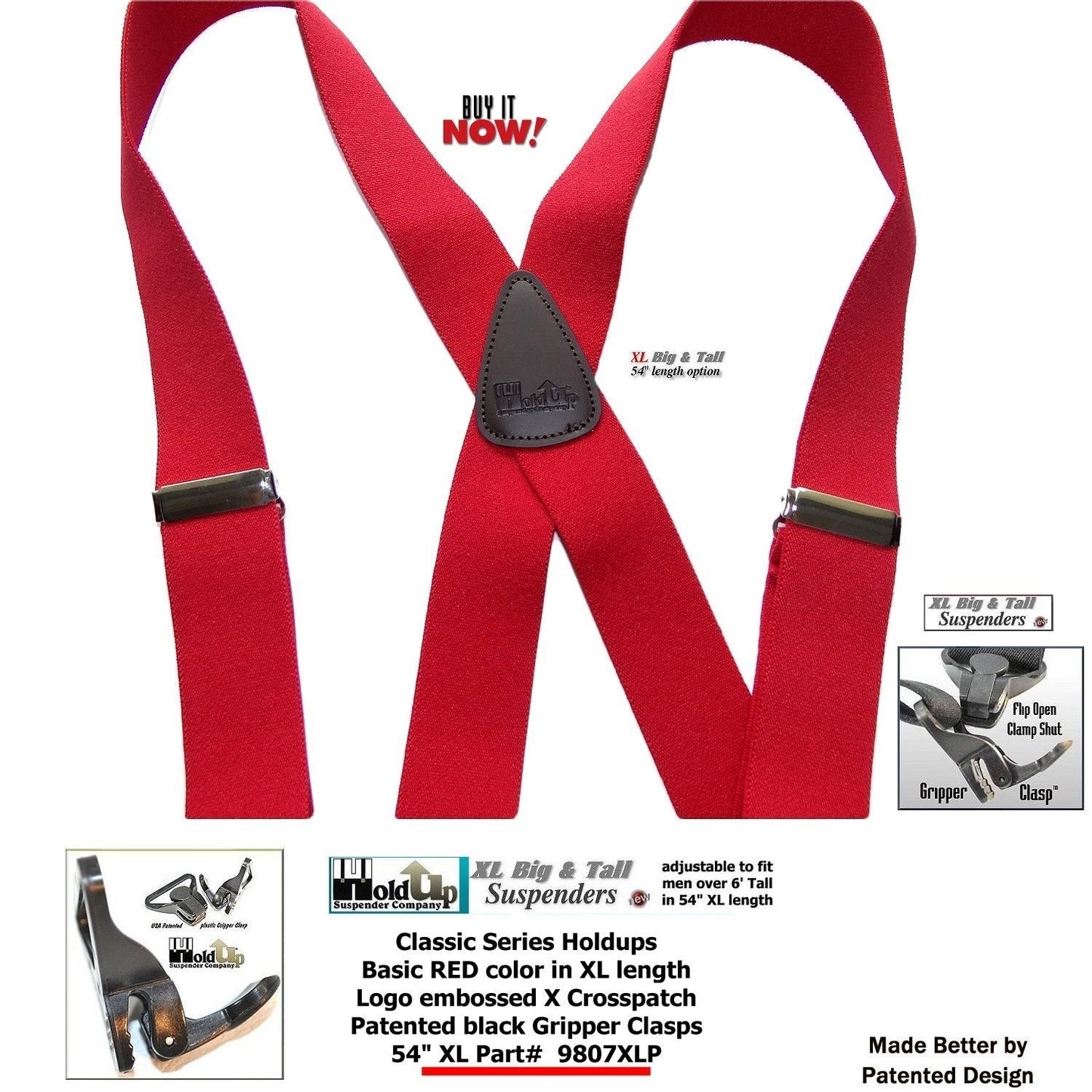 Holdup Brand XL Big And Tall Size Classic Bright Red X-back Suspenders With Patented Black Gripper ClaspB