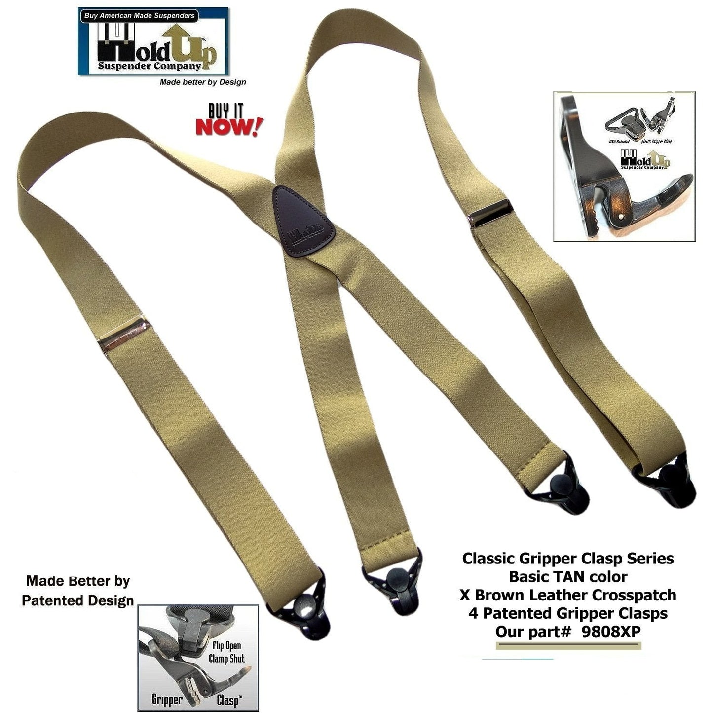 Holdup Brand Classic Series Tan X-back Suspenders With Black USA Patented Gripper Clasps