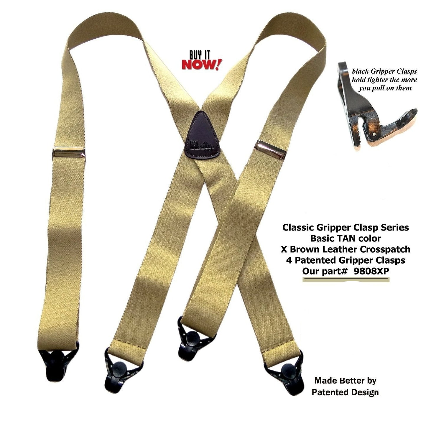 Holdup Brand Classic Series Tan X-back Suspenders With Black USA Patented Gripper Clasps