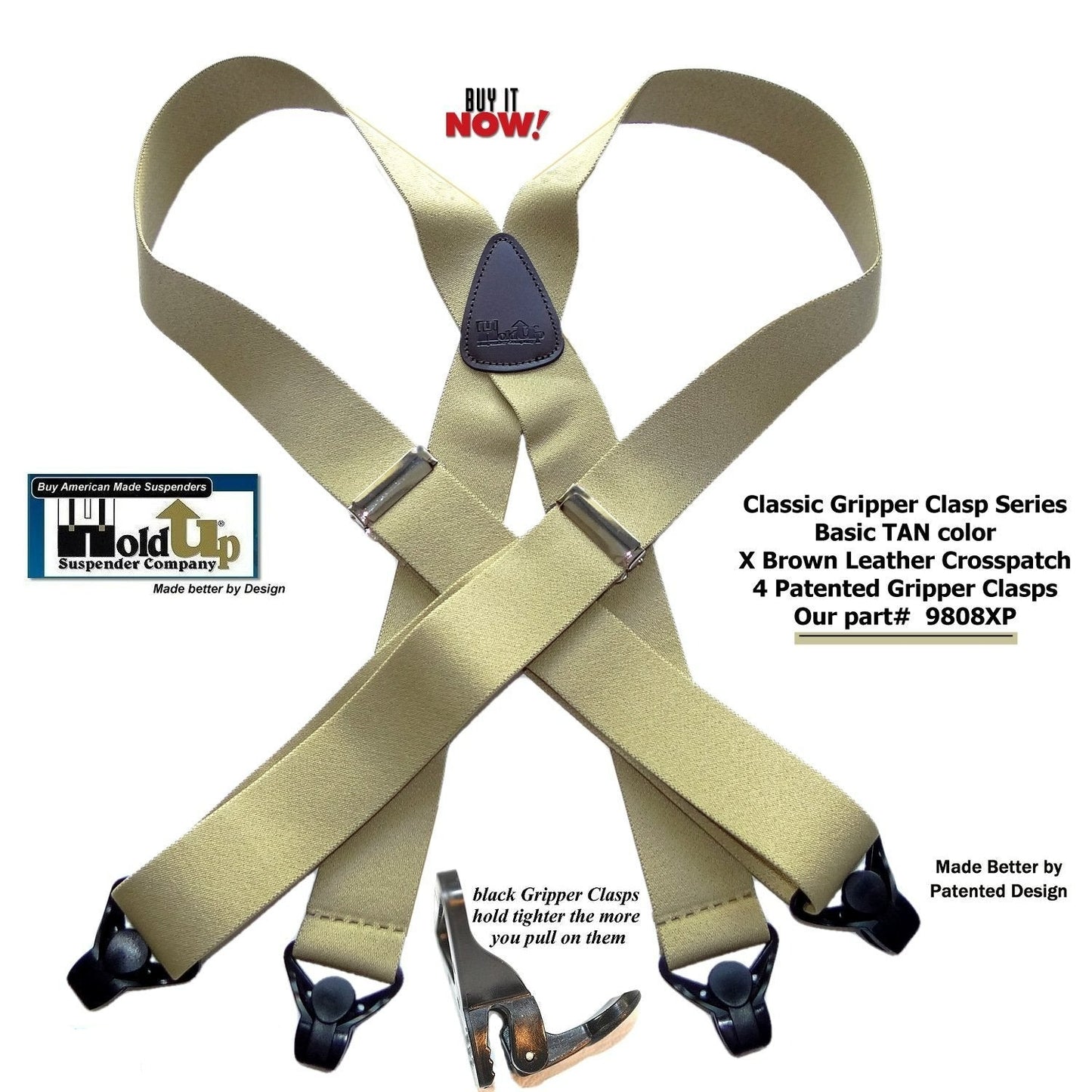 Holdup Brand Classic Series Tan X-back Suspenders With Black USA Patented Gripper Clasps