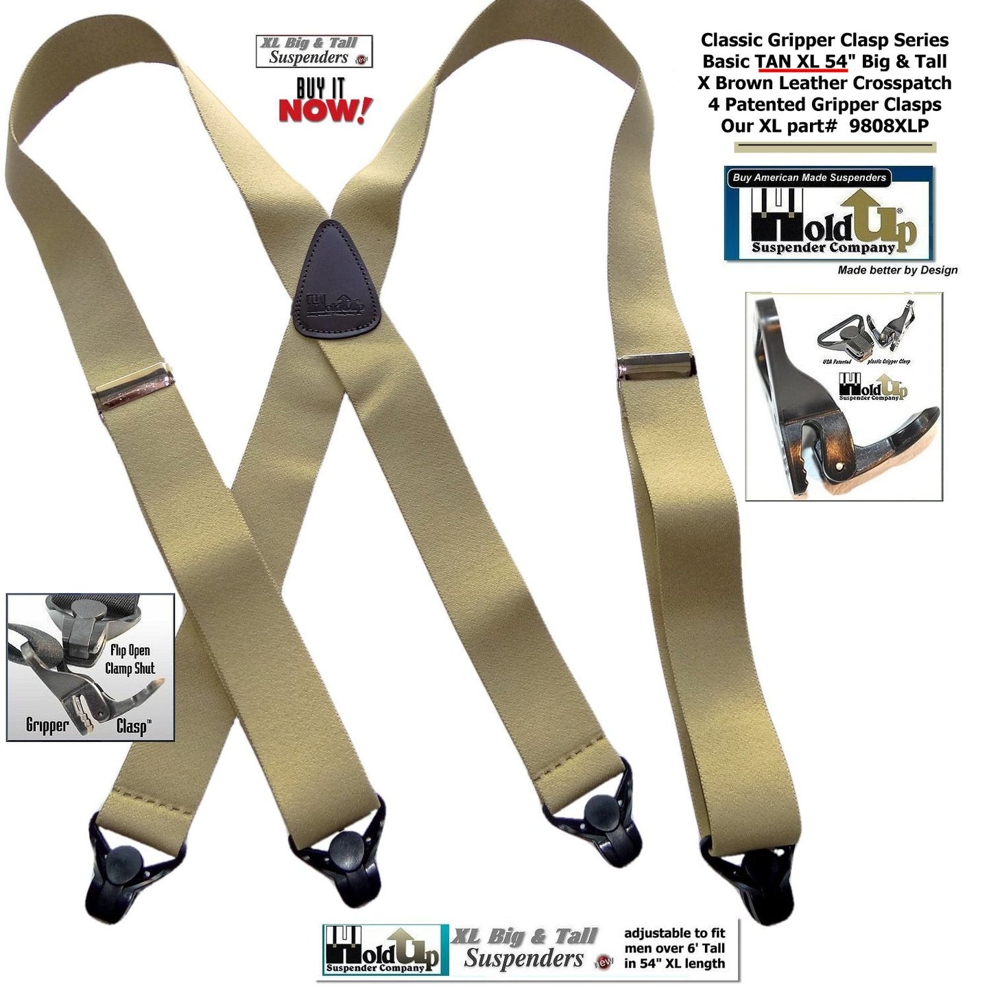 Holdup Brand XL Classic Series Basic Tan X-back Suspenders with Patented black Gripper Clasps