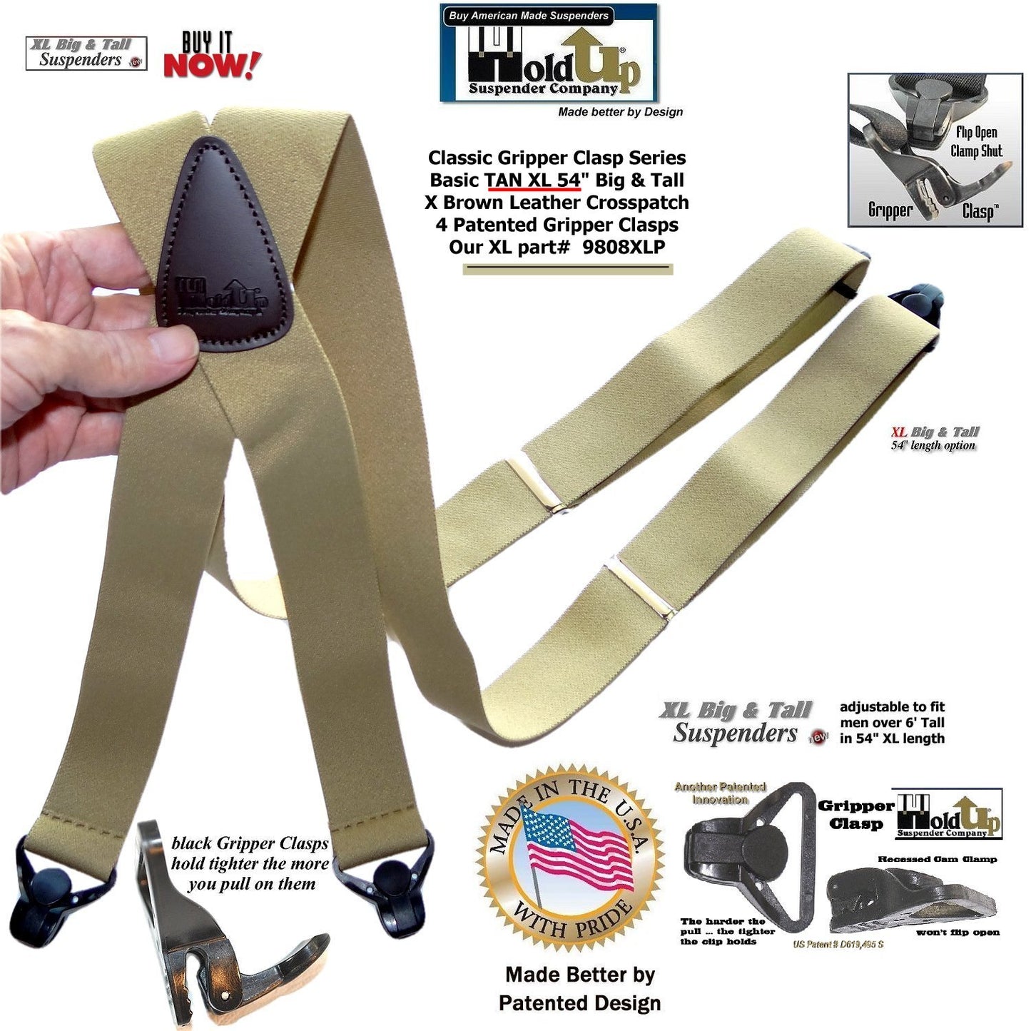 Holdup Brand XL Classic Series Basic Tan X-back Suspenders with Patented black Gripper Clasps