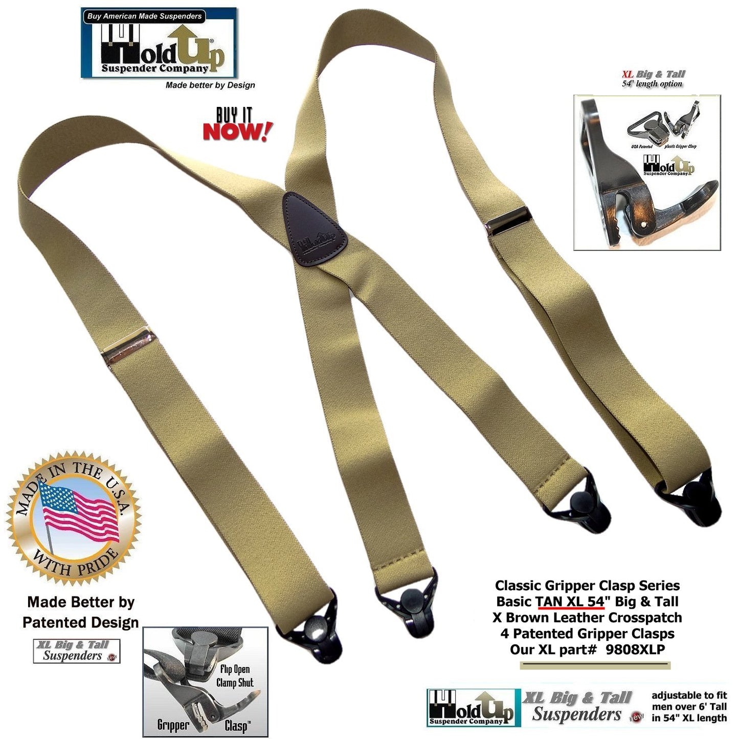 Holdup Brand XL Classic Series Basic Tan X-back Suspenders with Patented black Gripper Clasps