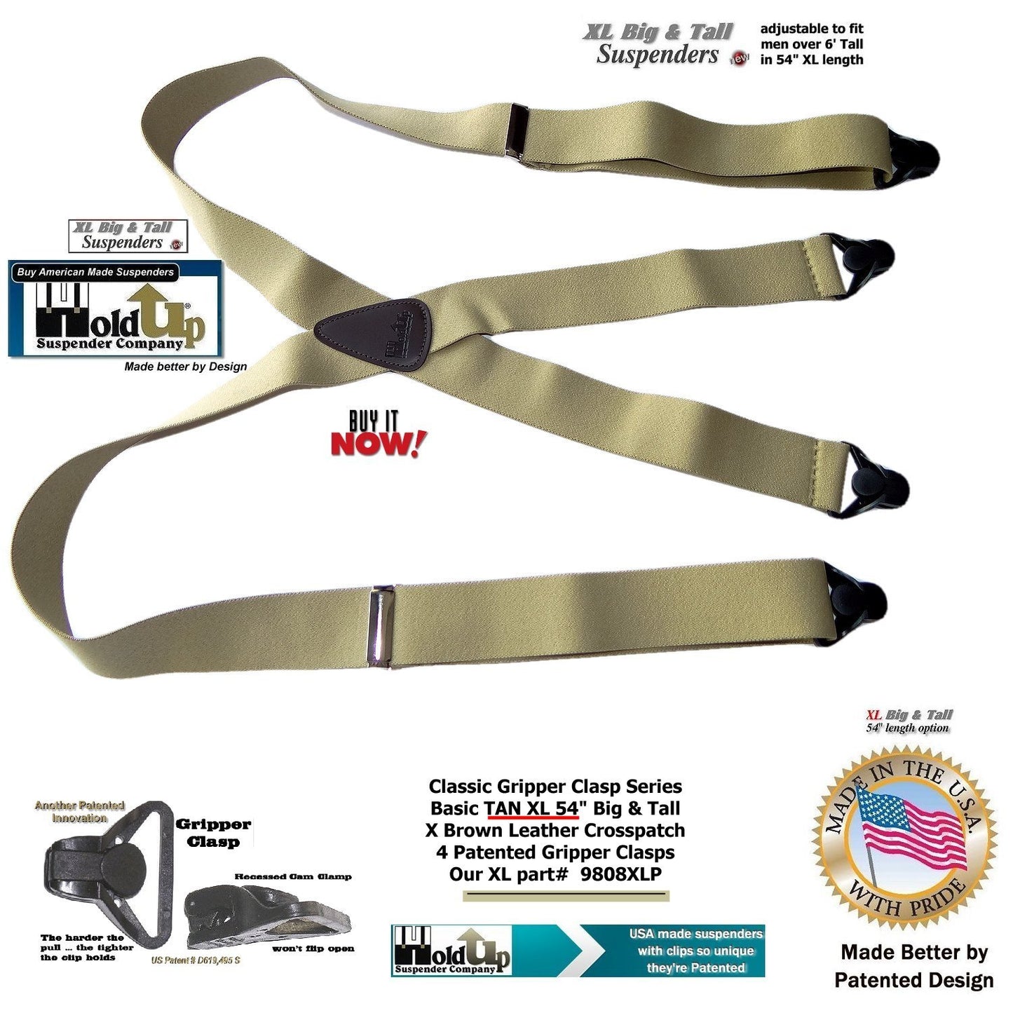 Holdup Brand XL Classic Series Basic Tan X-back Suspenders with Patented black Gripper Clasps