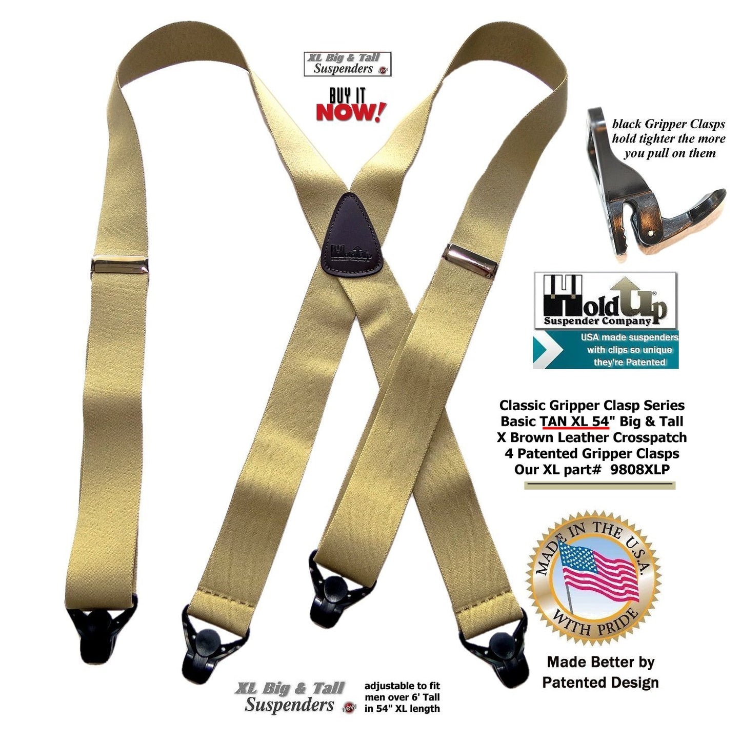 Holdup Brand XL Classic Series Basic Tan X-back Suspenders with Patented black Gripper Clasps