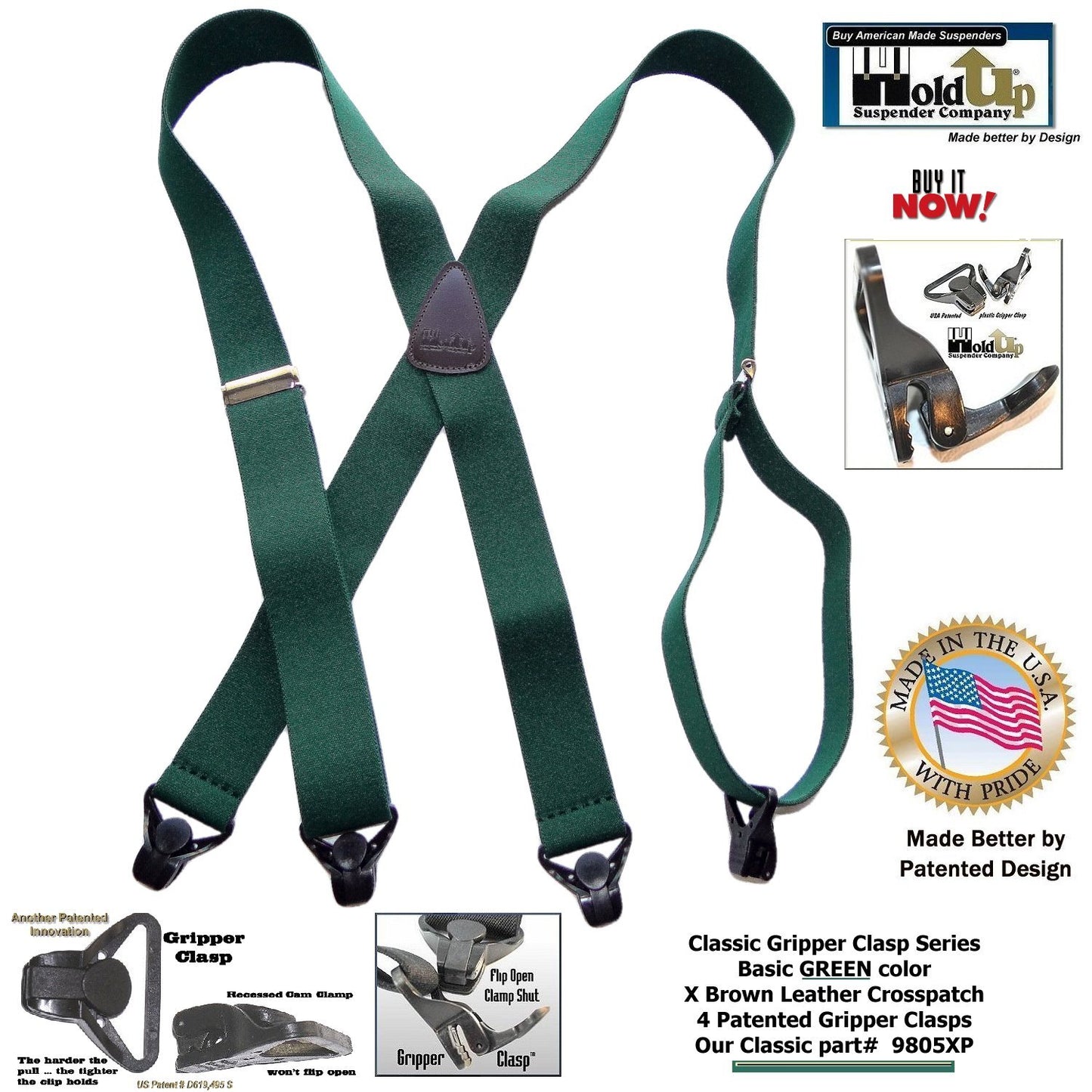 HoldUp Brand Dark Green Xback Classic Series Holdup Gripper Clasps Suspenders