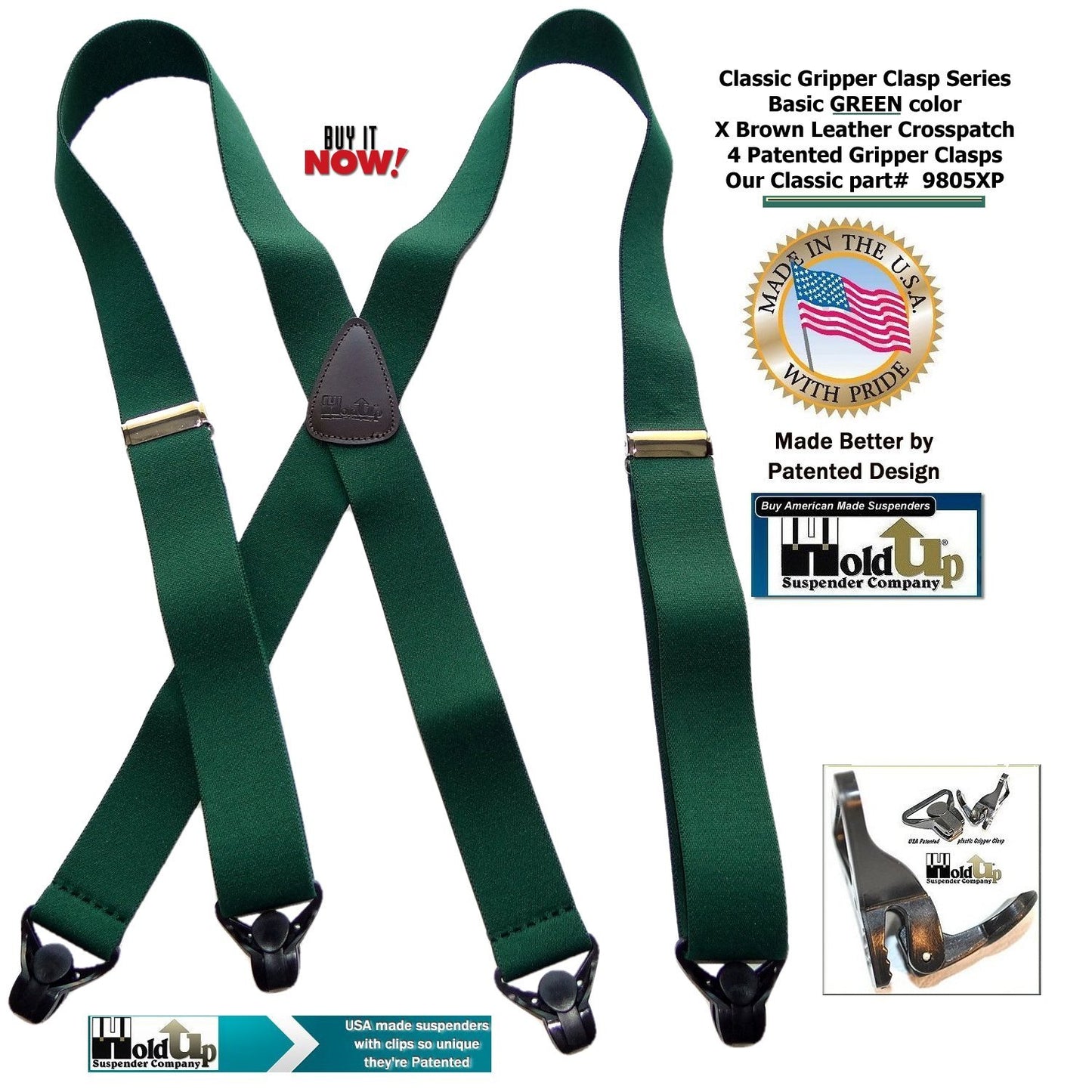 HoldUp Brand Dark Green Xback Classic Series Holdup Gripper Clasps Suspenders