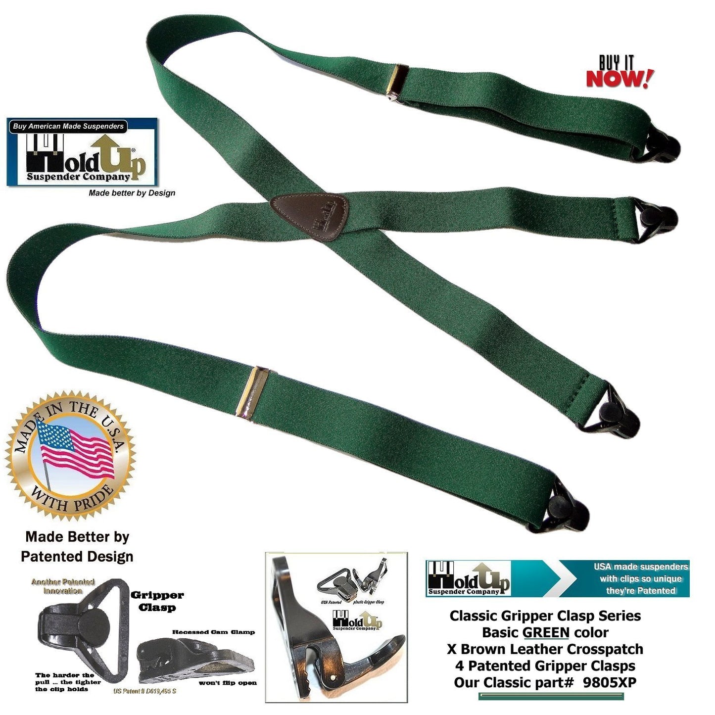 HoldUp Brand Dark Green Xback Classic Series Holdup Gripper Clasps Suspenders